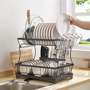 BNUNWISH Dish Drying Rack with Drainboard, 2 Tier Large Capacity Stainless Steel Dish Drainer Racks for Kitchen Counter with Utensil Holder, Cup Racks & Cutting Board Holder
