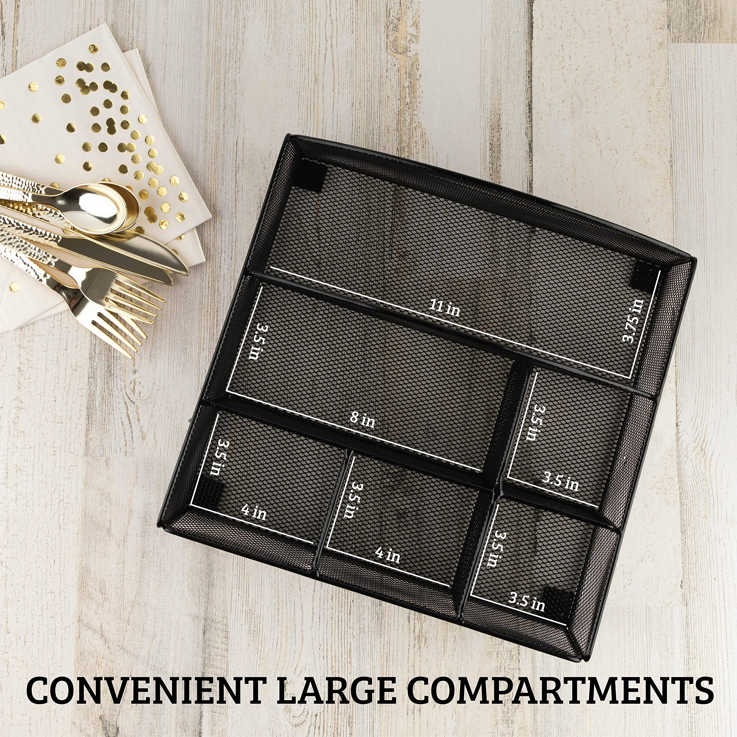 ELTOW Silverware Holder and Paper Plater Organizer for Countertop, 6 Compartment Utensil Caddy for Parties, Home, Office or RV Lifestyle (Black)