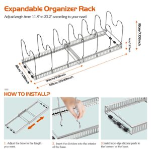 Housolution Pot and Pan Organizer Rack for Cabinet, Stainless Steel Expandable Pot Lid Organizer with 14 Adjustable Dividers, Pot and Pan Holder Rack Storage Organizer for Kitchen, Silver