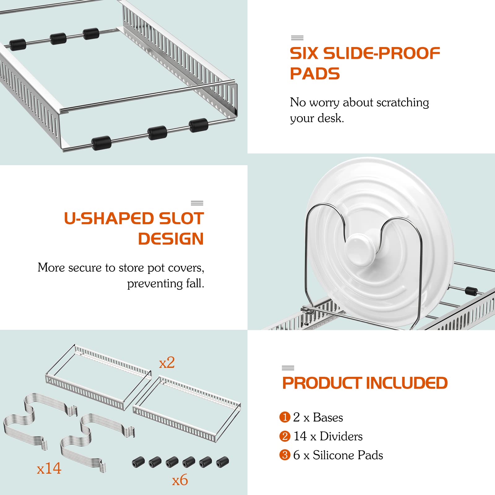 Housolution Pot and Pan Organizer Rack for Cabinet, Stainless Steel Expandable Pot Lid Organizer with 14 Adjustable Dividers, Pot and Pan Holder Rack Storage Organizer for Kitchen, Silver