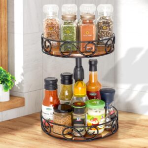 y&m 2 tier lazy susan, 9” & 10” acacia wood lazy susan turntable organizer, height adjustable spice rack with steel sides, spice jars organization for cabinet, pantry, kitchen, bathroom, countertop