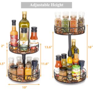 Y&M 2 Tier Lazy Susan, 9” & 10” Acacia Wood Lazy Susan Turntable Organizer, Height Adjustable Spice Rack with Steel Sides, Spice Jars Organization for Cabinet, Pantry, Kitchen, Bathroom, Countertop