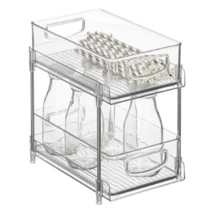 nate home by nate berkus 2-tier sliding plastic pull-out shallow drawer organizer | 2 bins, kitchen cabinet organizer and pantry storage from mdesign - clear/polished stainless steel