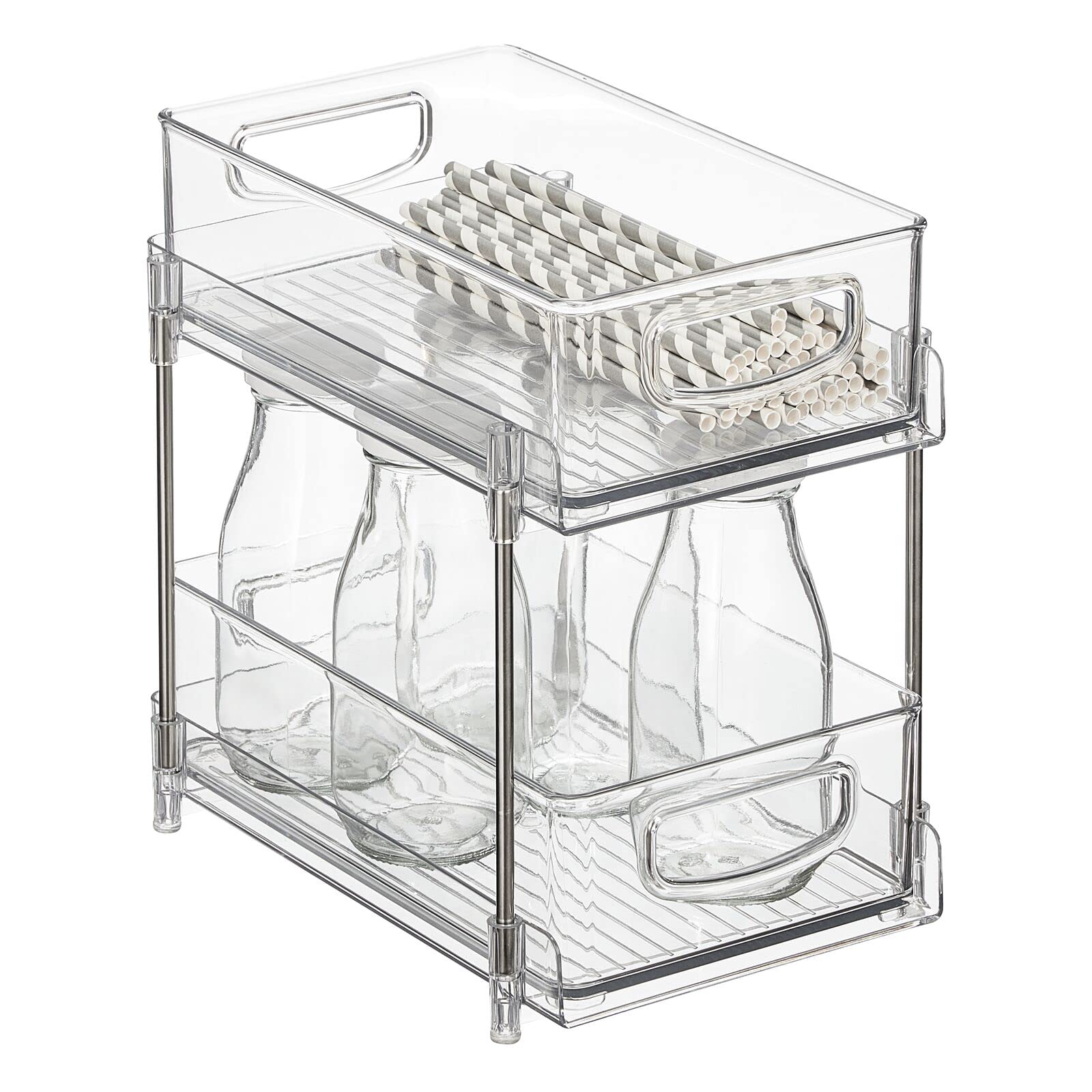 Nate Home by Nate Berkus 2-Tier Sliding Plastic Pull-Out Shallow Drawer Organizer | 2 Bins, Kitchen Cabinet Organizer and Pantry Storage from mDesign - Clear/Polished Stainless Steel