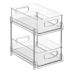 Nate Home by Nate Berkus 2-Tier Sliding Plastic Pull-Out Shallow Drawer Organizer | 2 Bins, Kitchen Cabinet Organizer and Pantry Storage from mDesign - Clear/Polished Stainless Steel