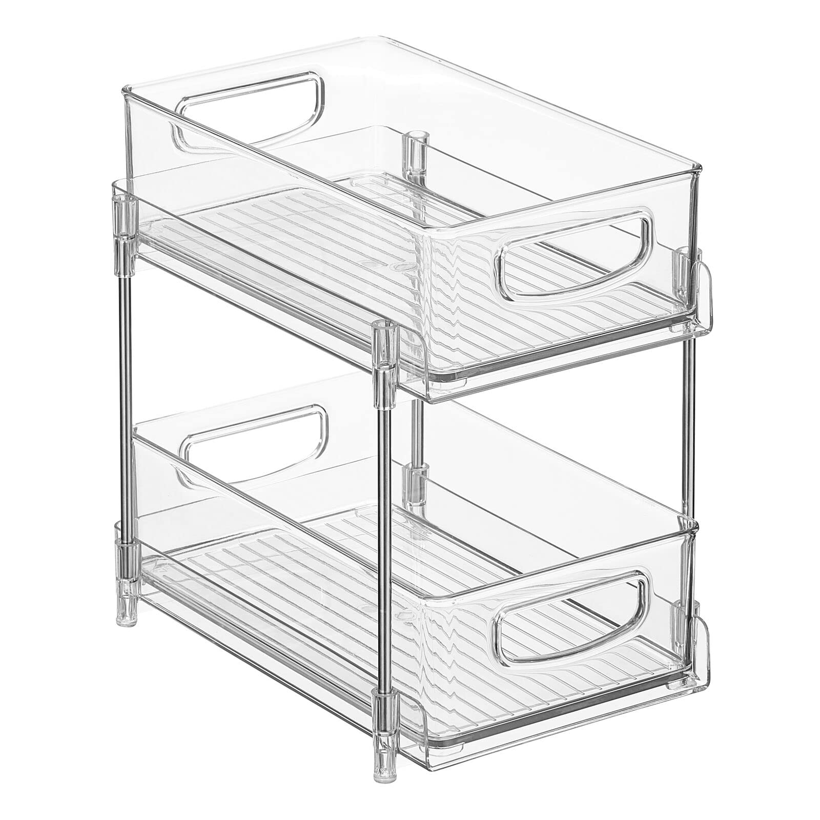 Nate Home by Nate Berkus 2-Tier Sliding Plastic Pull-Out Shallow Drawer Organizer | 2 Bins, Kitchen Cabinet Organizer and Pantry Storage from mDesign - Clear/Polished Stainless Steel