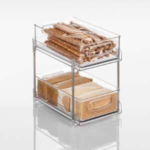 Nate Home by Nate Berkus 2-Tier Sliding Plastic Pull-Out Shallow Drawer Organizer | 2 Bins, Kitchen Cabinet Organizer and Pantry Storage from mDesign - Clear/Polished Stainless Steel