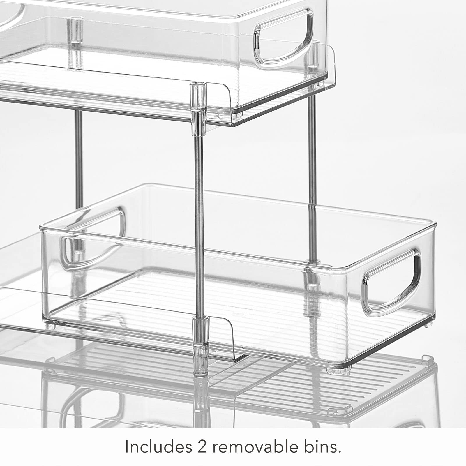 Nate Home by Nate Berkus 2-Tier Sliding Plastic Pull-Out Shallow Drawer Organizer | 2 Bins, Kitchen Cabinet Organizer and Pantry Storage from mDesign - Clear/Polished Stainless Steel