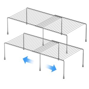 gedlire kitchen cabinet expandable shelf organizers set of 2, adjustable metal wire pantry storage shelves, plate dish organizer rack for cabinets, cupboard, counter, freezer, countertop, chrome