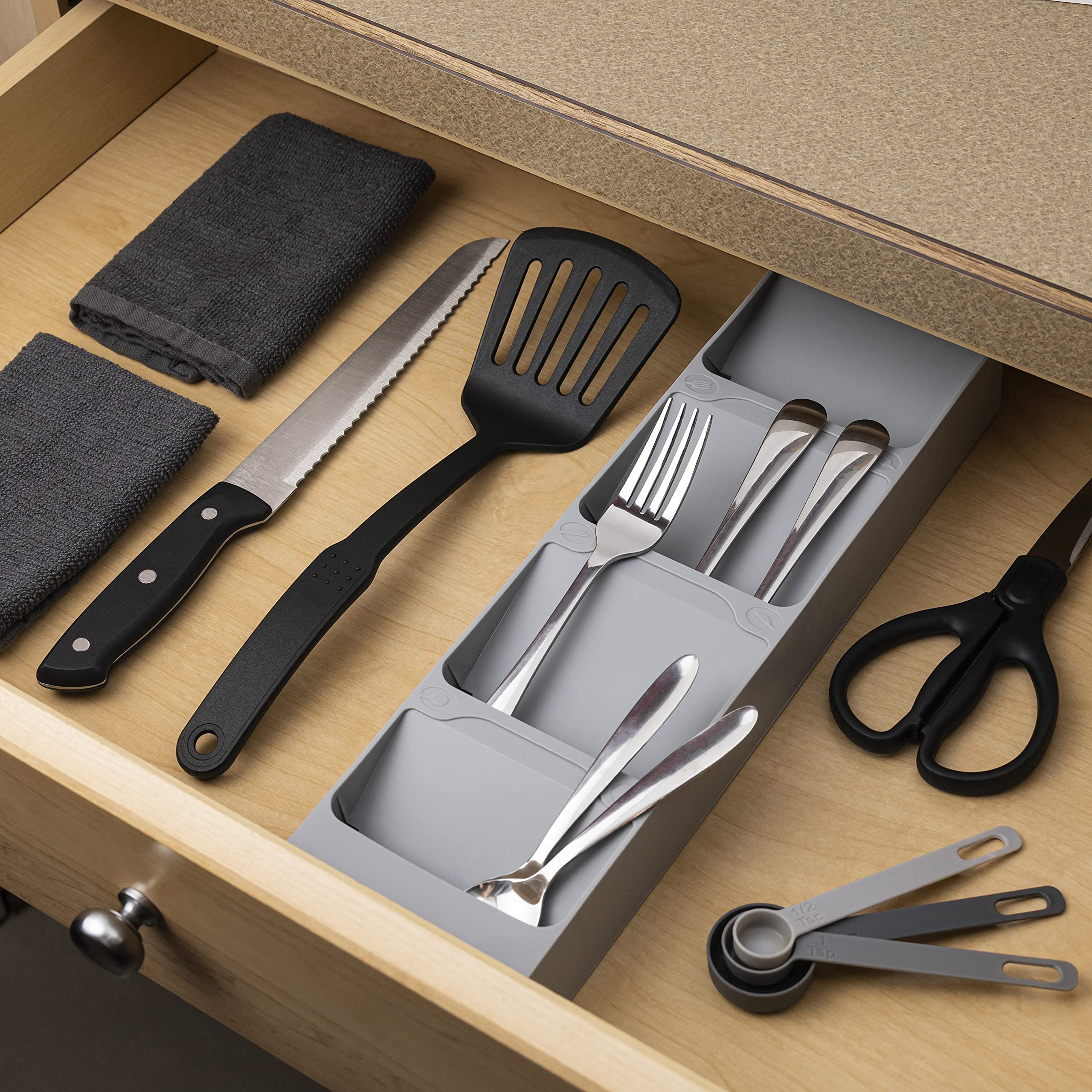 Kitchen Drawer Cutlery Organizer - Compact Space Saving Tray for Flatware and Silverware, Gray