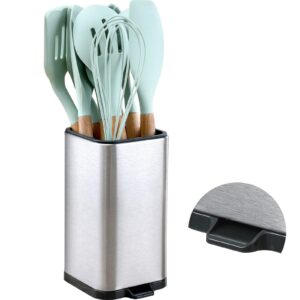 biarts kitchen utensil holder for countertop stainless steel with drip tray utensil crock utensil caddy for counter metal modern flatware organizer for silverware 4" l x 4.4" w x 7.3" h, silver