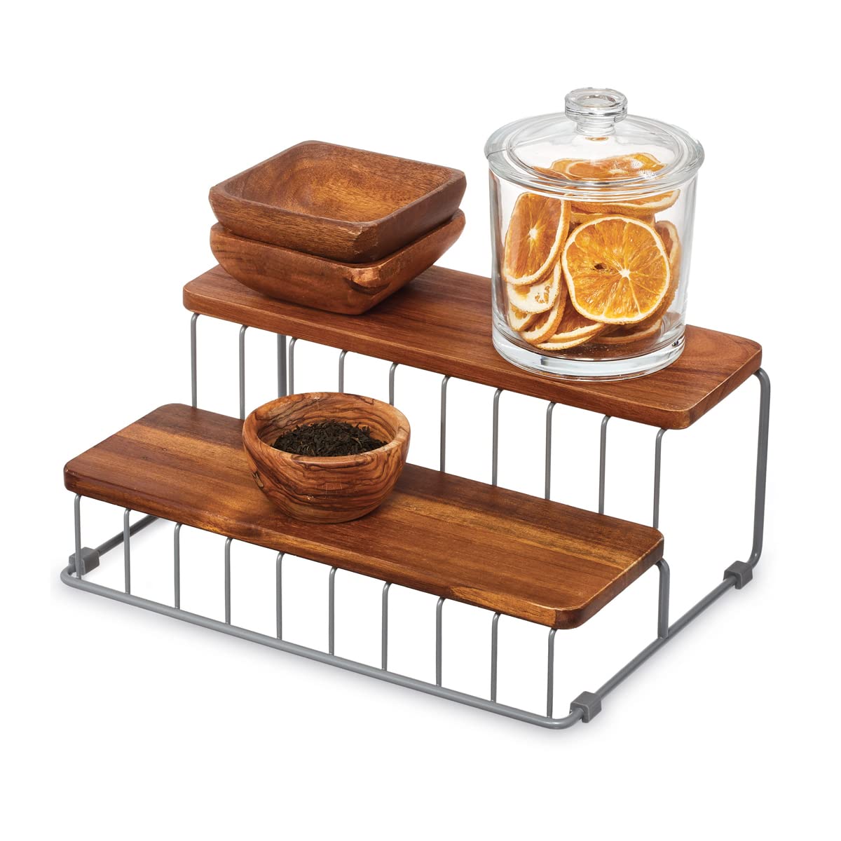 iDesign The Ría Safford Collection Acacia Wood and Wire Two Organizer, 12" x 8.5" x 5", 2 Tier Spice Rack