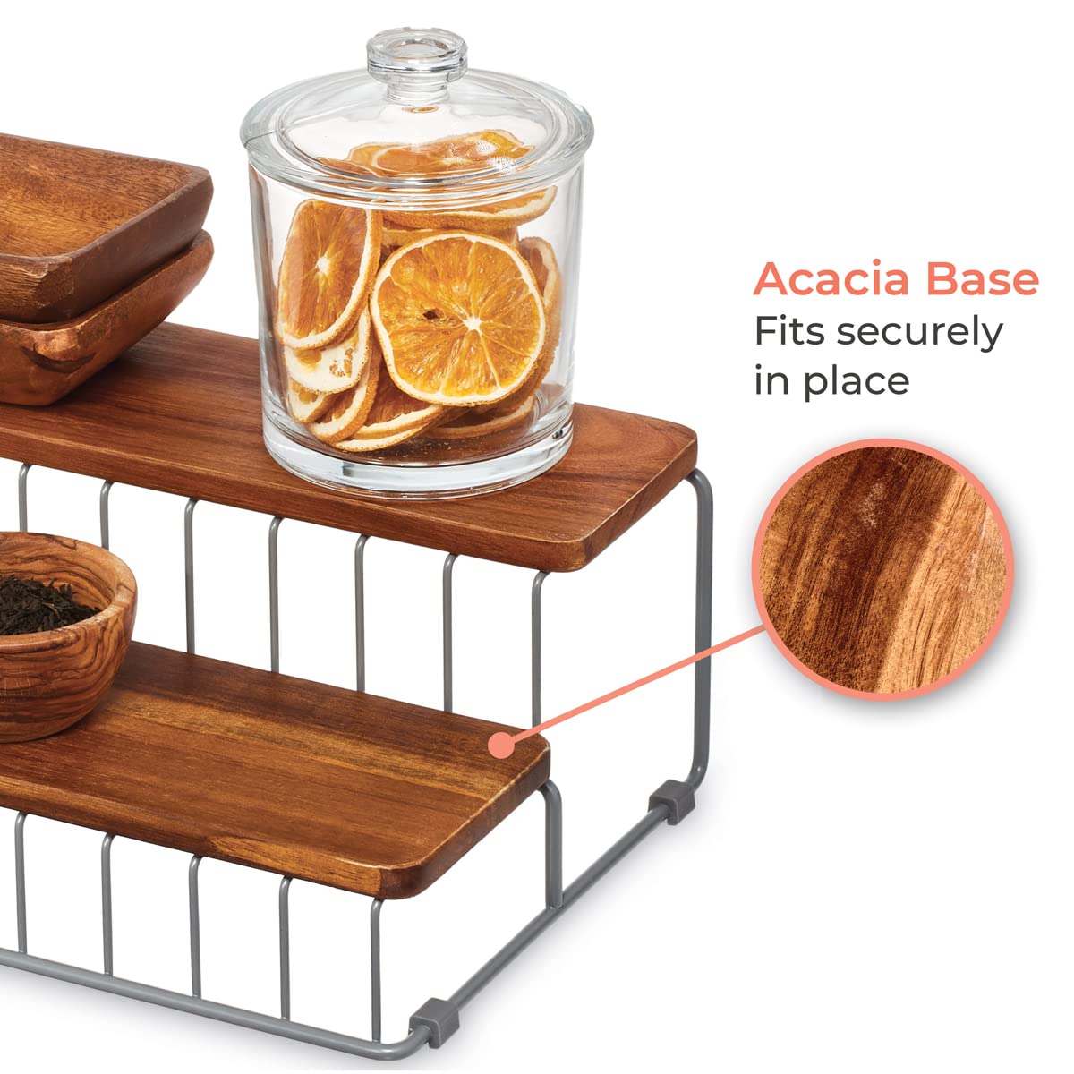 iDesign The Ría Safford Collection Acacia Wood and Wire Two Organizer, 12" x 8.5" x 5", 2 Tier Spice Rack