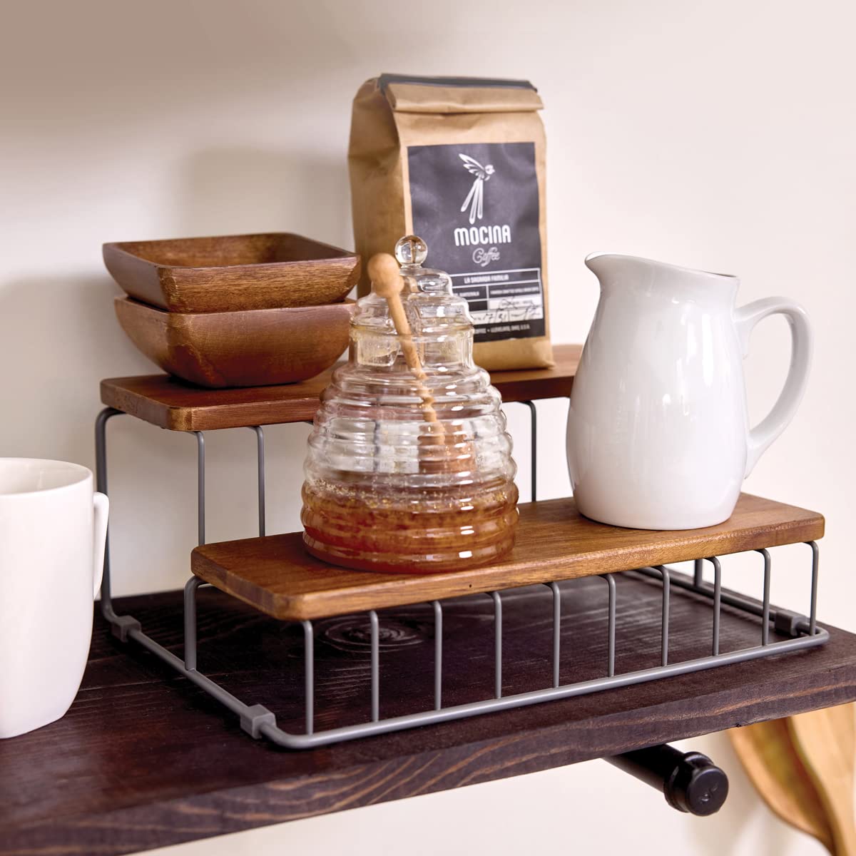 iDesign The Ría Safford Collection Acacia Wood and Wire Two Organizer, 12" x 8.5" x 5", 2 Tier Spice Rack