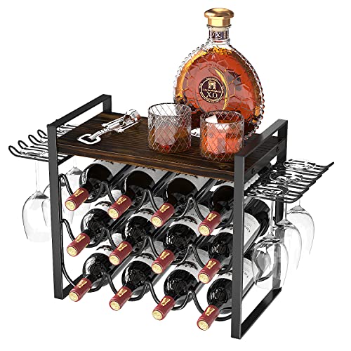 JAFUSI Wine Rack with Glass Holder, Countertop Wine Rack Metal Frame, Wine Holder Stand with Wooden Tray, Bottles Rack for Home Decor Kitchen Storage (Hold 12 Bottles and 4-6 Glasses)