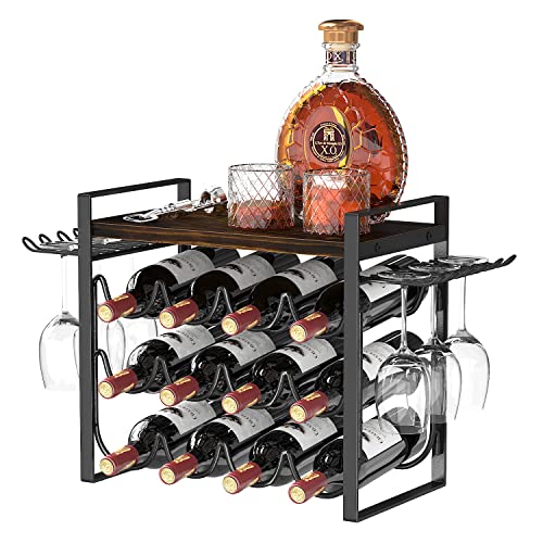 JAFUSI Wine Rack with Glass Holder, Countertop Wine Rack Metal Frame, Wine Holder Stand with Wooden Tray, Bottles Rack for Home Decor Kitchen Storage (Hold 12 Bottles and 4-6 Glasses)