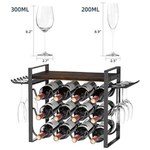 JAFUSI Wine Rack with Glass Holder, Countertop Wine Rack Metal Frame, Wine Holder Stand with Wooden Tray, Bottles Rack for Home Decor Kitchen Storage (Hold 12 Bottles and 4-6 Glasses)