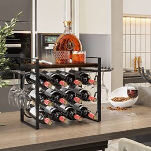 JAFUSI Wine Rack with Glass Holder, Countertop Wine Rack Metal Frame, Wine Holder Stand with Wooden Tray, Bottles Rack for Home Decor Kitchen Storage (Hold 12 Bottles and 4-6 Glasses)