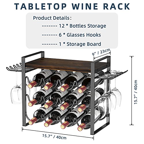 JAFUSI Wine Rack with Glass Holder, Countertop Wine Rack Metal Frame, Wine Holder Stand with Wooden Tray, Bottles Rack for Home Decor Kitchen Storage (Hold 12 Bottles and 4-6 Glasses)