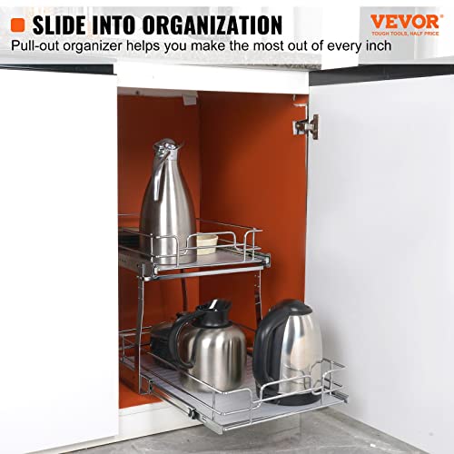 VEVOR 2 Tier 13"W x 21"D Pull Out Cabinet Organizer, Heavy Duty Slide Out Pantry Shelves, Chrome-Plated Steel Roll Out Drawers, Sliding Drawer Storage for Inside Kitchen Cabinet, Bathroom, Under Sink