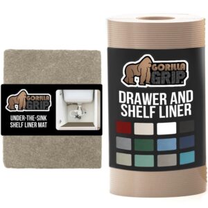 gorilla grip under sink mat and drawer liner, under sink mat size 24x30, absorbent mat for below sinks, drawer liner size 17.5x20 in, strong grip liners for drawers, both in beige, 2 item bundle