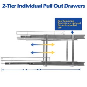 SIMCAS 2-Tier Pull Out Cabinet Organizer(14"W X 21"D), Individual Slide Out Basket Kitchen Cabinet Organizer, Cabinet Pull Out Shelves Kitchen Cabinet Organization for Kitchen Pantry, Bathroom, Chrome