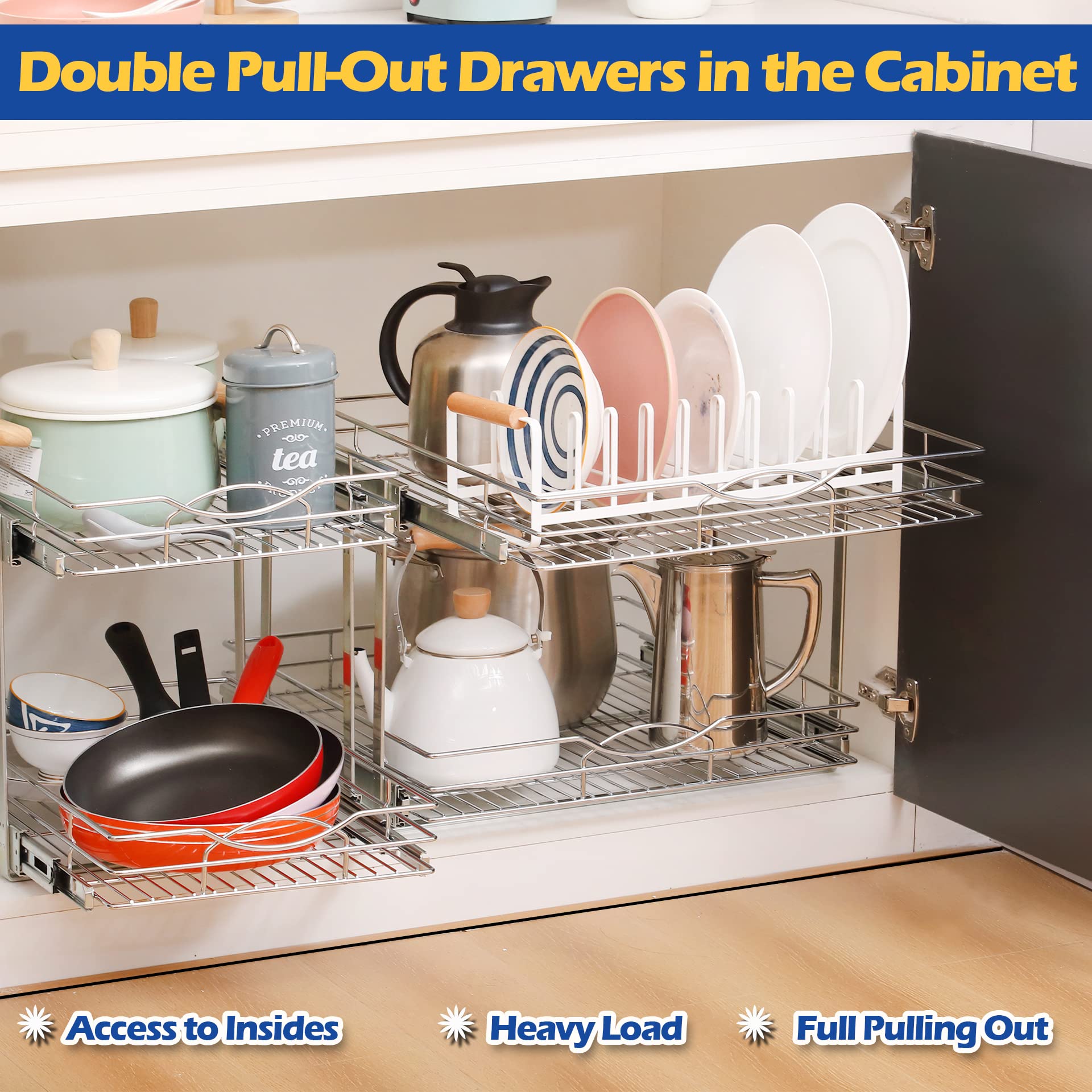 SIMCAS 2-Tier Pull Out Cabinet Organizer(14"W X 21"D), Individual Slide Out Basket Kitchen Cabinet Organizer, Cabinet Pull Out Shelves Kitchen Cabinet Organization for Kitchen Pantry, Bathroom, Chrome