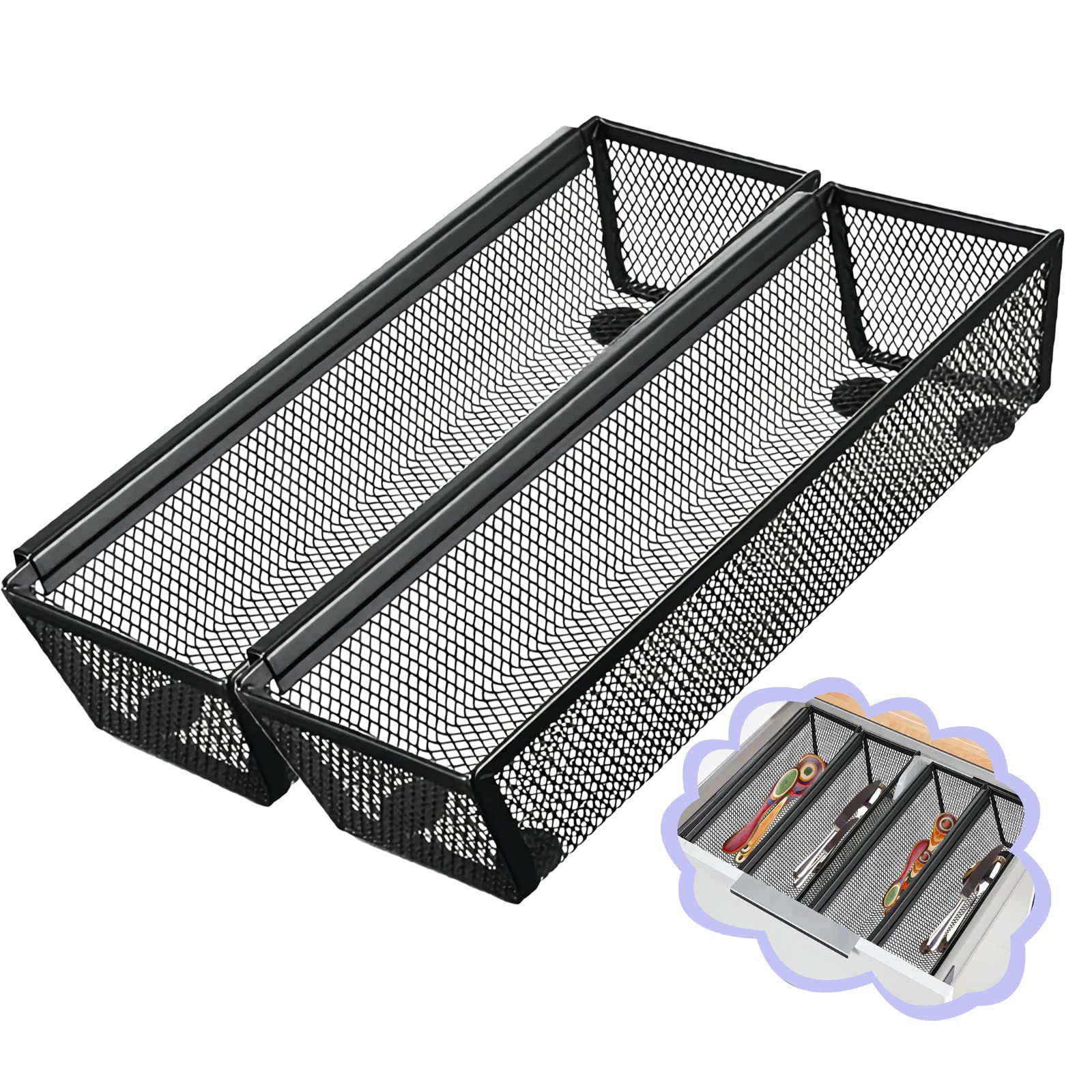 Fodofodo 2PCS Drawer Organizer,Drawer Organizer for Kitchen,Utensil Mesh Drawer Organizer with Interlocking Arm for Cosmetic,Flatware,Pen (9 * 3 * 2 Inches,Black)