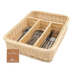 myhomebody rectangle wicker utensil holder, utensil organizer, cutlery organizer for kitchen organization, kitchen utensil drawer organizer kitchen accessories, resin wicker 1 pc, cream