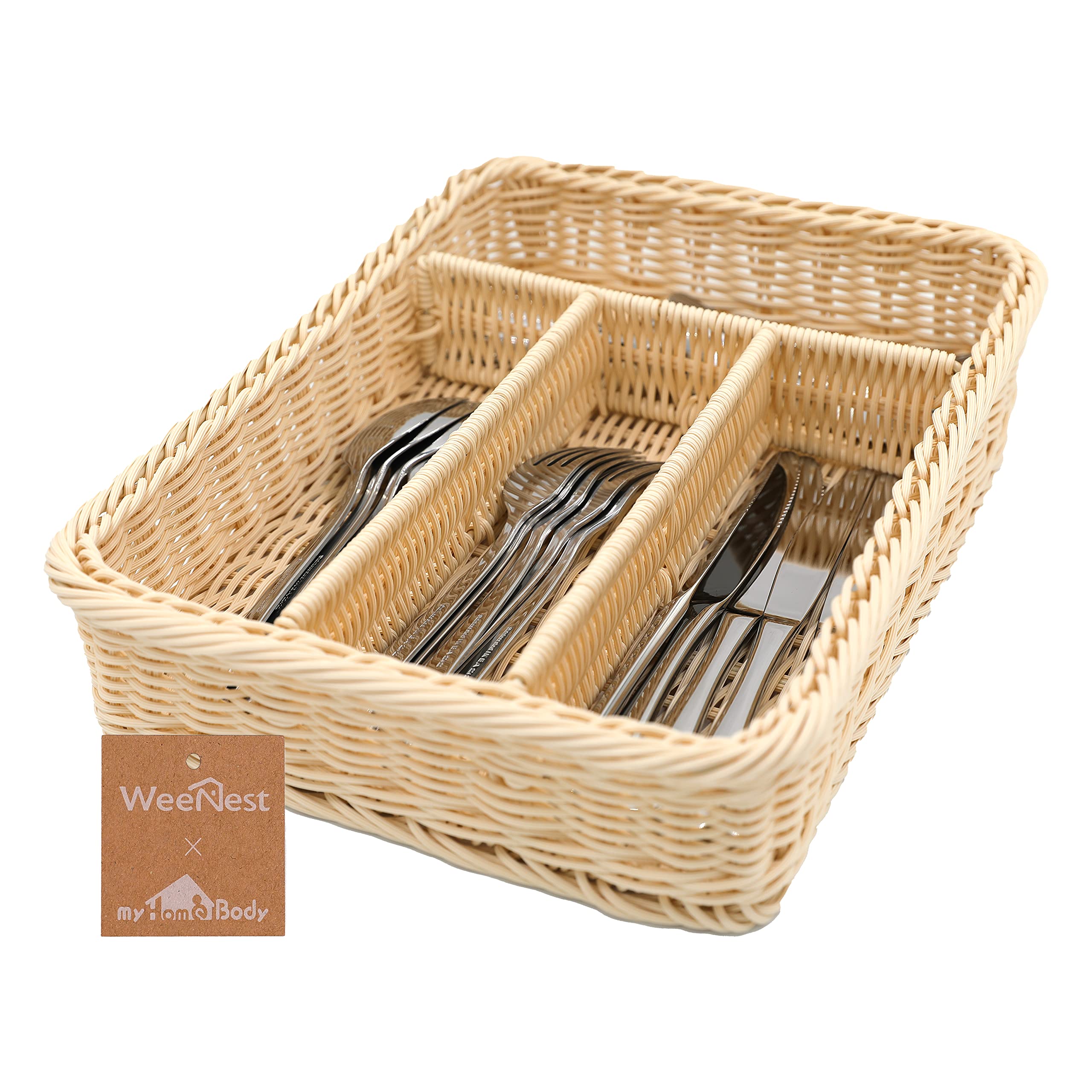 myHomeBody Rectangle Wicker Utensil Holder, Utensil Organizer, Cutlery Organizer for Kitchen Organization, Kitchen Utensil Drawer Organizer Kitchen Accessories, Resin Wicker 1 pc, Cream