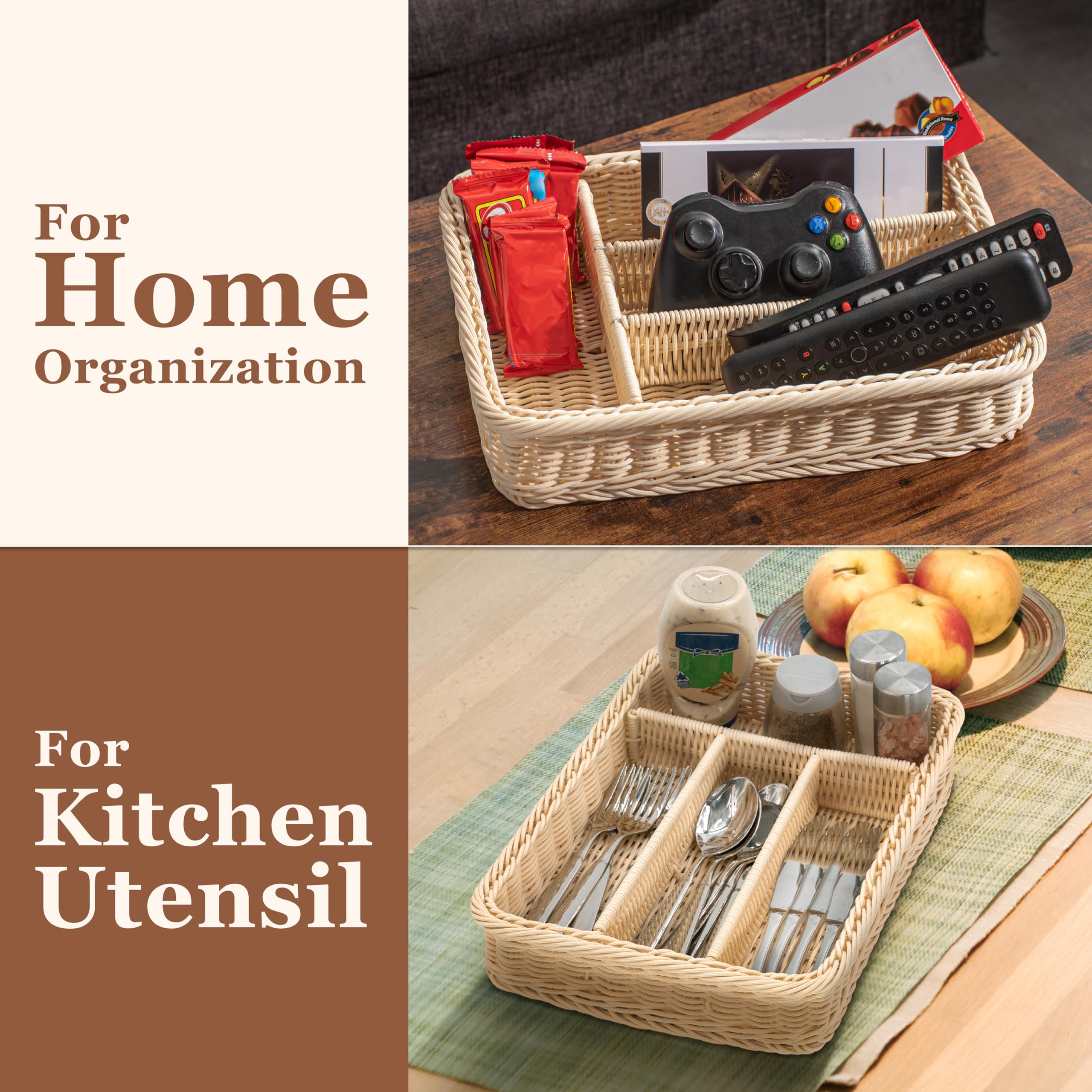 myHomeBody Rectangle Wicker Utensil Holder, Utensil Organizer, Cutlery Organizer for Kitchen Organization, Kitchen Utensil Drawer Organizer Kitchen Accessories, Resin Wicker 1 pc, Cream