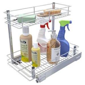 hankey pull-out home organizers,under sink 2 tier pull out cabinet organizer for kitchen/bathroom organizers and storage- 10.47w x 16.93d x 14.56h，heavy duty metal