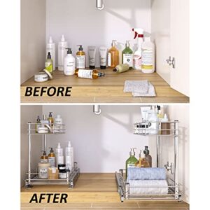 HANKEY Pull-Out Home organizers,Under Sink 2 Tier Pull Out Cabinet Organizer for Kitchen/Bathroom Organizers and Storage- 10.47W x 16.93D x 14.56H，Heavy Duty Metal