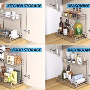 HANKEY Pull-Out Home organizers,Under Sink 2 Tier Pull Out Cabinet Organizer for Kitchen/Bathroom Organizers and Storage- 10.47W x 16.93D x 14.56H，Heavy Duty Metal