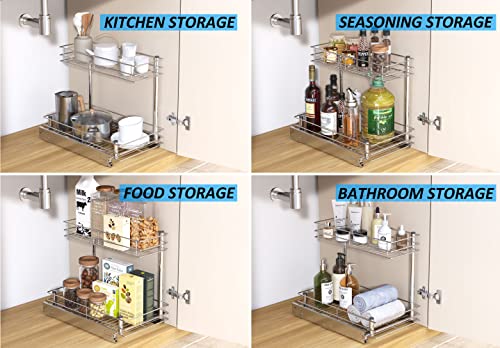 HANKEY Pull-Out Home organizers,Under Sink 2 Tier Pull Out Cabinet Organizer for Kitchen/Bathroom Organizers and Storage- 10.47W x 16.93D x 14.56H，Heavy Duty Metal