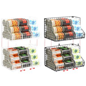 2 pack-stackable can rack organizer for pantry storage, can dispensers with 4 adjustable dividers, 2-tier metal wire basket beverage pop soda rack for kitchen cabinet pantry, white, black