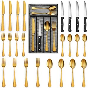 24 piece gold silverware set with organizer, gold flatware set for 4, stainless steel cutlery set with drawer organizers, kitchen utensils include spoons, forks, knives, service for 4