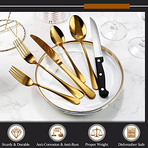 24 Piece Gold Silverware Set with Organizer, Gold Flatware Set for 4, Stainless Steel Cutlery Set with Drawer Organizers, Kitchen Utensils Include Spoons, Forks, Knives, Service for 4