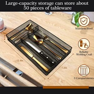 24 Piece Gold Silverware Set with Organizer, Gold Flatware Set for 4, Stainless Steel Cutlery Set with Drawer Organizers, Kitchen Utensils Include Spoons, Forks, Knives, Service for 4