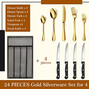 24 Piece Gold Silverware Set with Organizer, Gold Flatware Set for 4, Stainless Steel Cutlery Set with Drawer Organizers, Kitchen Utensils Include Spoons, Forks, Knives, Service for 4