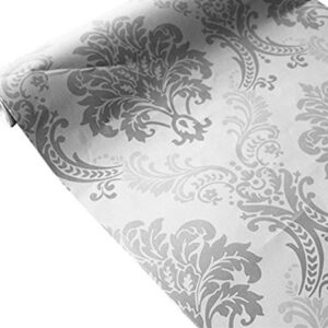 Yija Vintage White - Silver Floral Damask Wallpaper Vinyl Peel Stick Dresser Dresser Drawer Kitchen Adhesive Paper Sticker 17.7inch by 98inch