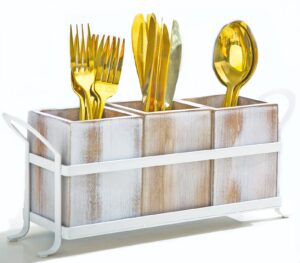 nelybet silverware caddy utensil organizer for countertop, flatware caddy with metal rack, wooden utensil cutlery holder with 3 compartment for kitchen decor and party -white