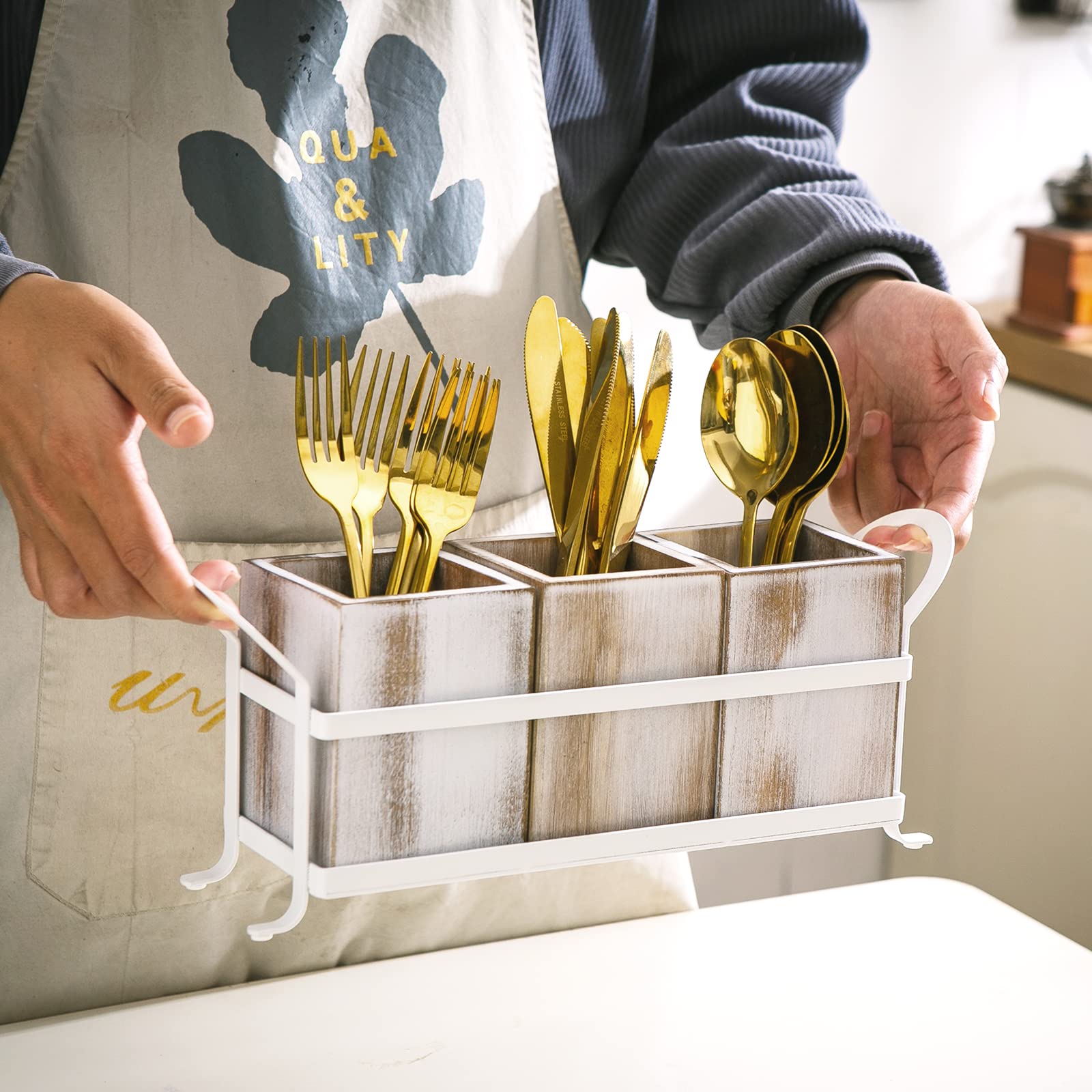 NelyBet Silverware Caddy Utensil Organizer for Countertop, Flatware Caddy with Metal Rack, Wooden Utensil Cutlery Holder with 3 Compartment for Kitchen Decor and Party -White