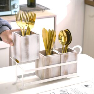 NelyBet Silverware Caddy Utensil Organizer for Countertop, Flatware Caddy with Metal Rack, Wooden Utensil Cutlery Holder with 3 Compartment for Kitchen Decor and Party -White