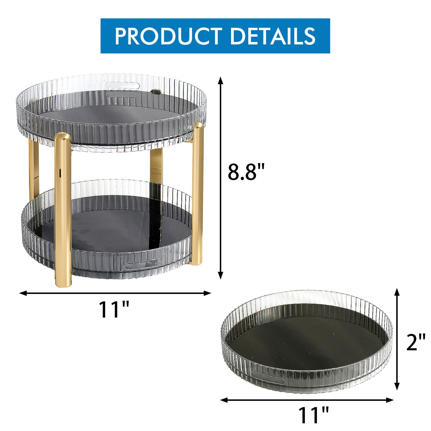 2 Tier Lazy Susan,FIROK 360 Degree Rotating Storage Skincare Organizers for Kitchen,Cabinet,Bathroom, Non-Skid Large Capacity Acrylic Turntable Spinning Rack Cosmetics Organizer