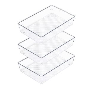 neetbu 3 pack drawer organizer clear plastic storage tray for flatware &utensil cosmetics,makeup tools, jewelries,office supplies (9”x6”x2”)