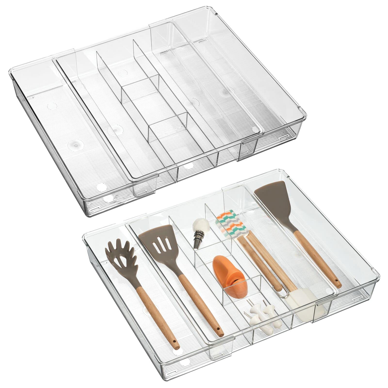 mDesign Dual Expandable Plastic In-Drawer Utensil Organizer Tray Deep 5 Section Divided for Kitchen Organization; Holds Cutlery, Flatware, Silverware, Cooking Utensils, Ligne Collection, 2 Pack, Clear