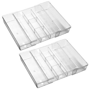 mDesign Dual Expandable Plastic In-Drawer Utensil Organizer Tray Deep 5 Section Divided for Kitchen Organization; Holds Cutlery, Flatware, Silverware, Cooking Utensils, Ligne Collection, 2 Pack, Clear