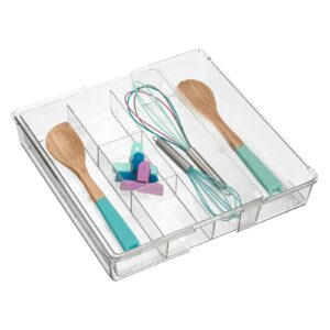 mDesign Dual Expandable Plastic In-Drawer Utensil Organizer Tray Deep 5 Section Divided for Kitchen Organization; Holds Cutlery, Flatware, Silverware, Cooking Utensils, Ligne Collection, 2 Pack, Clear