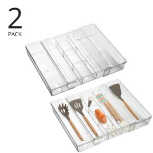 mDesign Dual Expandable Plastic In-Drawer Utensil Organizer Tray Deep 5 Section Divided for Kitchen Organization; Holds Cutlery, Flatware, Silverware, Cooking Utensils, Ligne Collection, 2 Pack, Clear